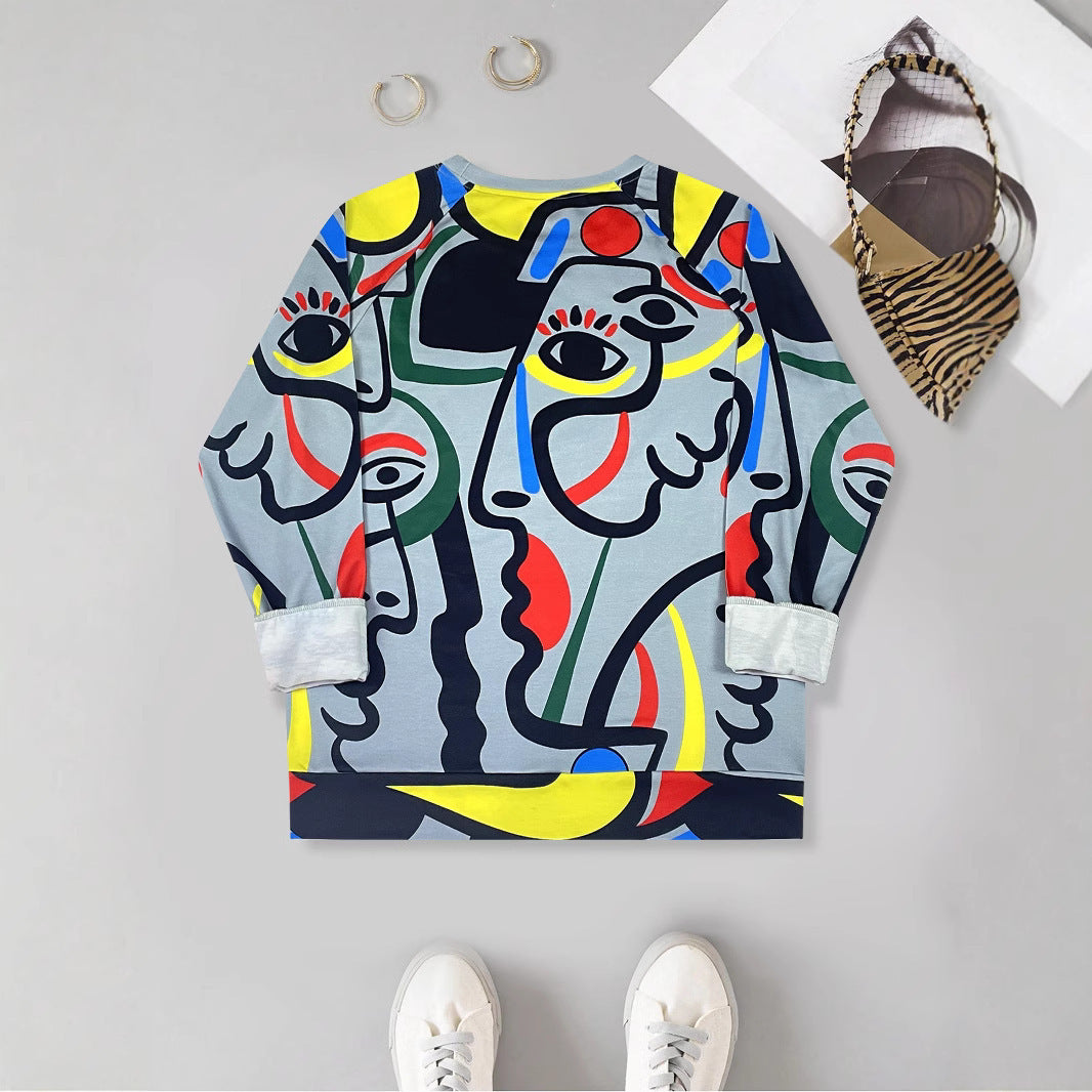 Abstract Color Block Stitching Portrait Graphic Printed Crew Neck Sweatshirt Female